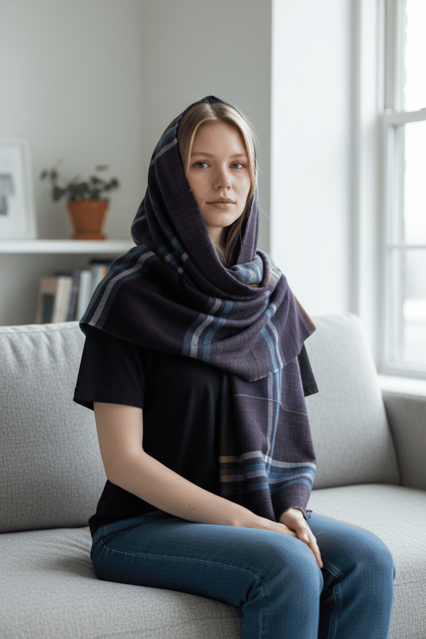 Navy Wool Scarf With Solid Color Stripes